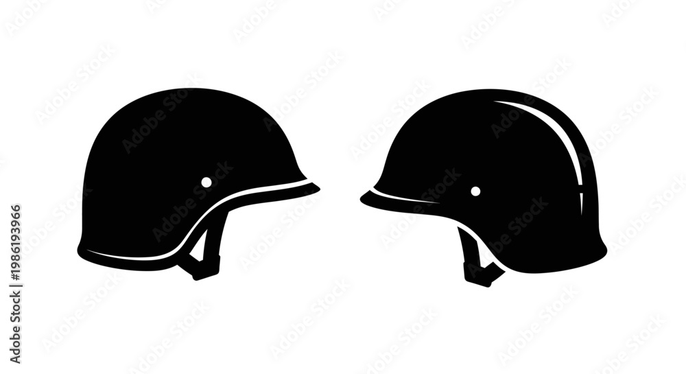 Fototapeta premium Two military helmets in black side views a striking silhouette