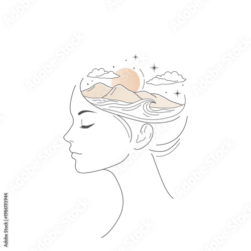 Mental health through meditation and therapy. Inner harmony in thoughts. Human head and nature with mountains and sun. Vector illustration isolated for print.