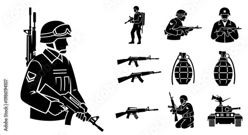 Military personnel and equipment depicted in a stark black silhouette