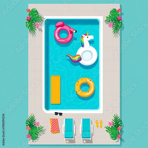 Inviting top-down perspective of a vibrant swimming pool adorned with playful flamingo, unicorn, and donut floats, creating a perfect scene for a refreshing summer vacation and leisurely relaxation