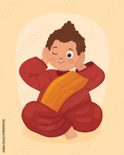 Cute character, little boy Buddhist monk in red clothes. Smiling Buddha covers his ears with his hands. Happy Vesak day.	