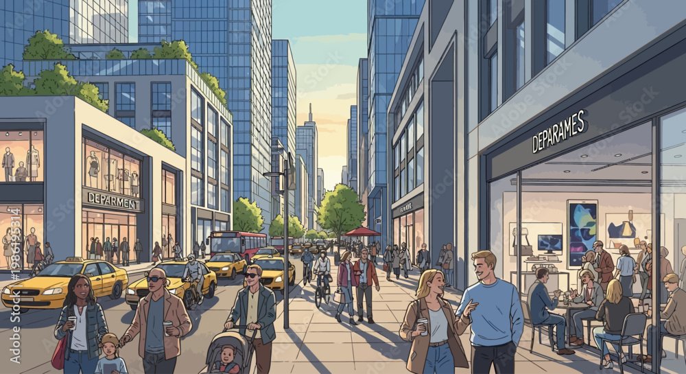 Obraz premium People walking on city street sidewalk.