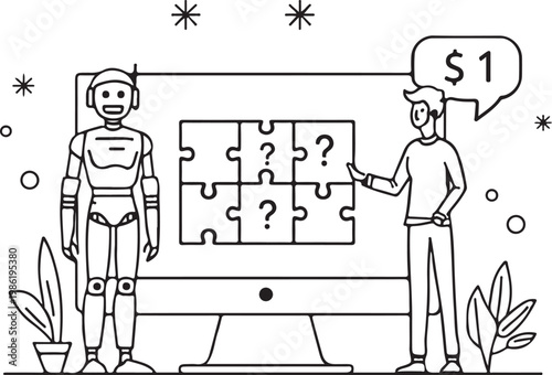 Human and robot collaborating on a puzzle with a monetary exchange. Vector, illustration