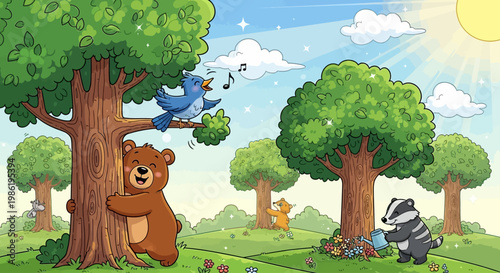 Brown bear standing on green grass.