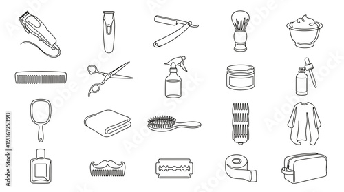 Outline household and personal care items set including razor, scissors, spray bottle, brush, lotion and clothes isolated on white background