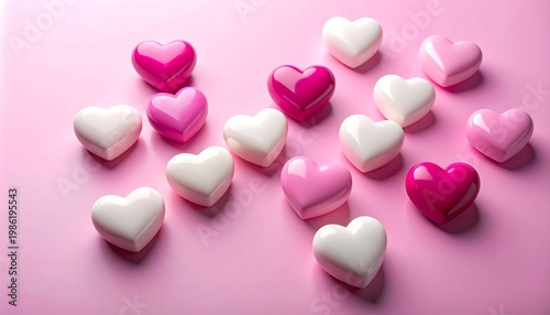 Heart-shaped candies glossy white, light pink, and magenta scattered across a matching pink background