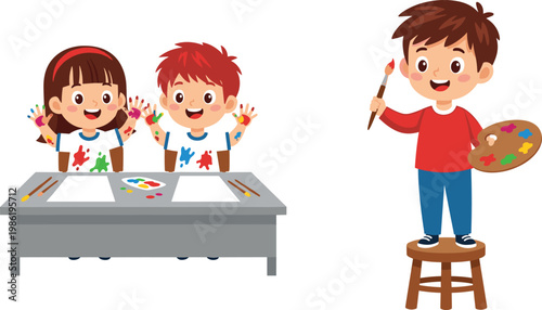 Children Painting and Creative Arts Fun with Brushes, Palette, and Colorful Artwork for Kids Activities and Education Designs