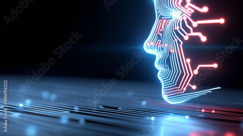 Futuristic digital human profile with glowing circuit lines connected to a high-speed data network.