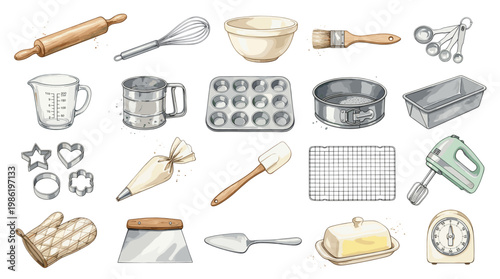 Baking tools and kitchen utensils in watercolor style including whisk, rolling pin, molds and measuring tools isolated on white background