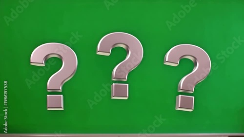 Question mark symbol with green background featuring three floating representing education, inquiry, curiosity, and communication concepts for knowledge, learning, teaching, and classroom
