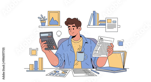 A cartoon character calculates individual income tax on tax day in a vector illustration, holding a calculator and tax form against a clean white background, symbolizing the federal