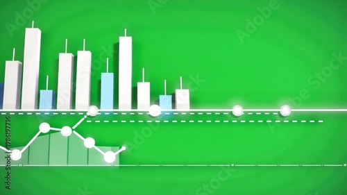 Financial chart green background bar graph line graph data visualization business analytics digital interface showing economic trend with white and blue bars circular data points timeline progress