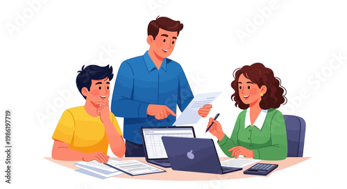 Vector illustration of a tax day event featuring business people reviewing individual income tax returns with laptops in a brightly lit workspace, conveying a sense of collaboration