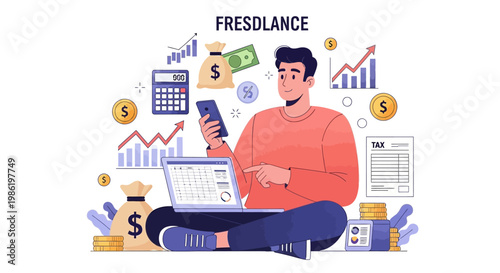 Vector design features a man managing his individual income tax on his laptop while checking his phone for refunds, surrounded by financial icons against a clean white background