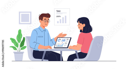 An individual income tax advisor helps a client with their tax refund on a laptop in a business meeting, illustrated with bright colors and a clean vector design against a white background
