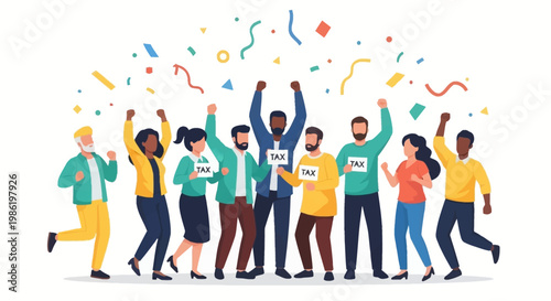 Diverse group of people celebrating tax day with raised hands and confetti in a vector illustration that conveys a joyful and successful mood, against a clean, bright white background