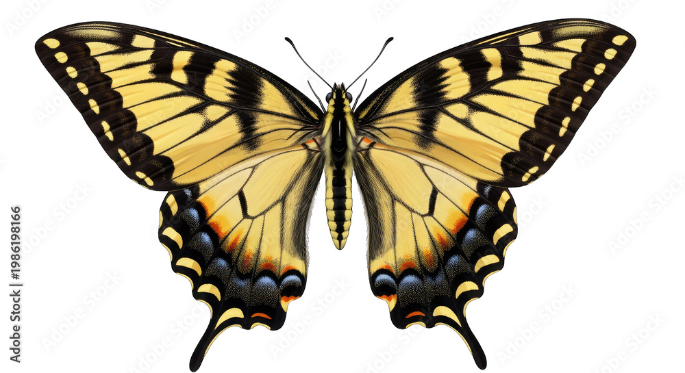 Obraz premium Eastern tiger swallowtail butterfly isolated on transparent background detailed wing patterns