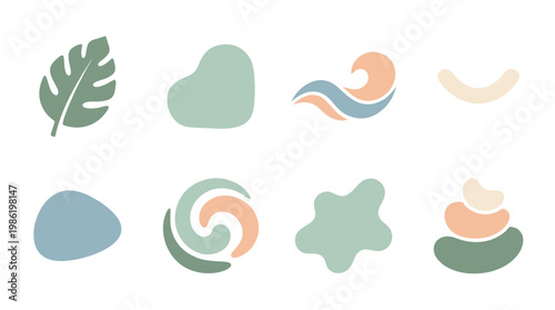 Abstract shapes and leaf illustration in pastel colors on white background