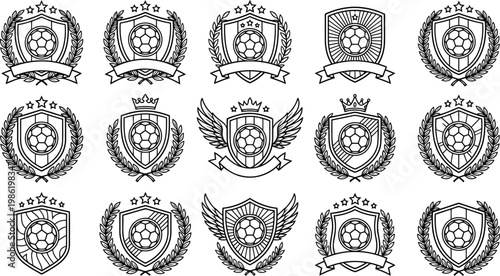 Hand-drawn soccer club emblems set with shields banners crowns wreaths for sport team logos football handdrawn insignia