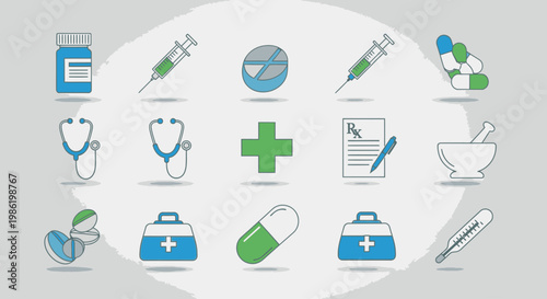 Medical and healthcare icons representing various health-related tools and symbols.