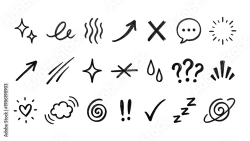A collection of various hand-drawn symbols and icons on a white background