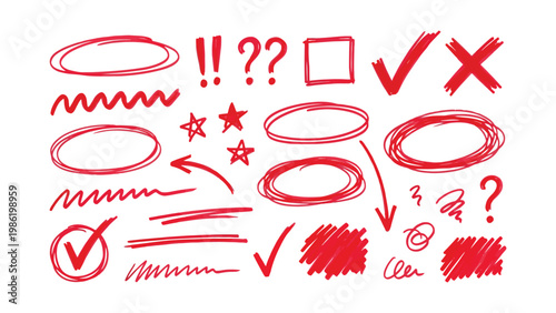 A collection of red hand-drawn symbols and marks on a white background