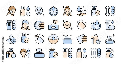 Makeup Removal and Skincare Icon Set: Color Flat Vector Symbols for Face Cleansing, Spa Branding, and Beauty Salons 