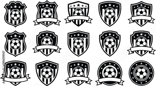 Set of solid black soccer football sport emblems shields and badges for team logos with football championship tournament