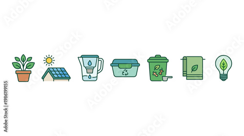 Eco friendly icon pack with green plant solar panel water filter recycling bin and light bulb on white
