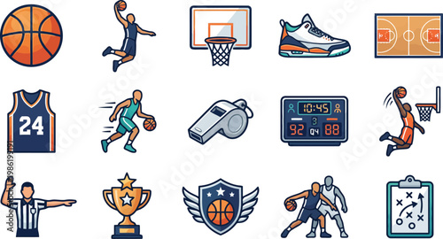 Basketball sport game icons set with ball players hoop court trophy whistle strategy elements vector, ideal for sports graphics