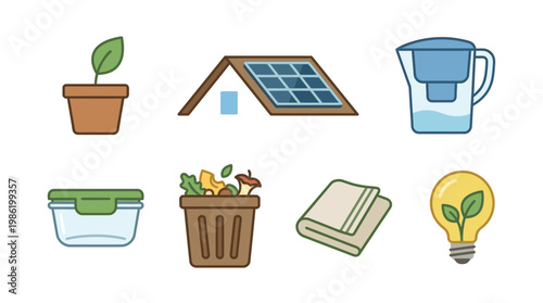 Eco friendly home icon pack with solar panel and recycling bin on white background.
