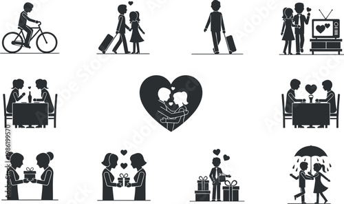 A set of black and white icons depicting love and relationships