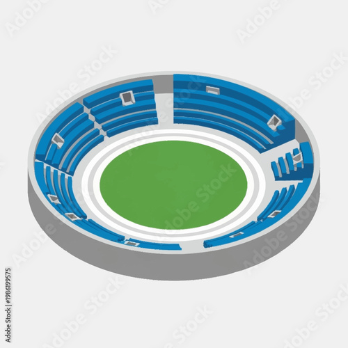 Stadium with blue seats and field.