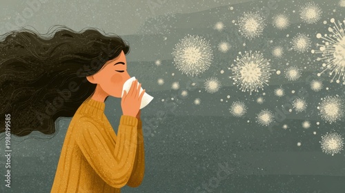 Woman sneezes due to seasonal allergies while pollen floats in the air during springtime outdoors