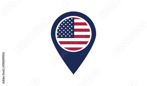 Vibrant map pin icon with the American flag, symbolizing location or destination in the United States, isolated on white background.