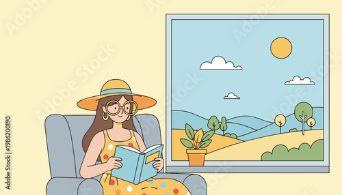 Young woman reading book at home near window relaxing cozy lifestyle illustration