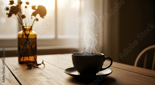 Steaming cup of coffee on a wooden table bathed in warm morning sunlight