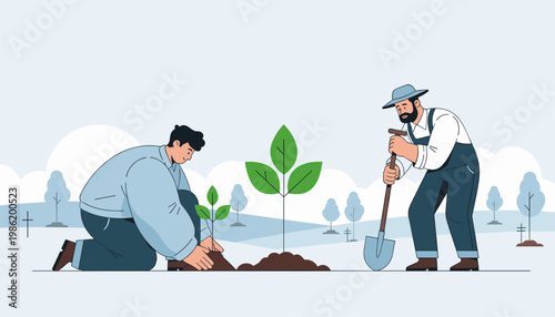 Young man assisting older worker planting tree gardening teamwork eco activity illustration