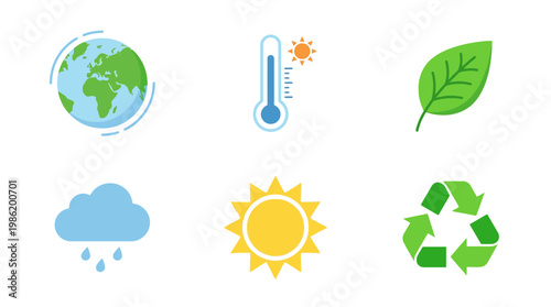 Earth icon pack features symbols of eco friendly environment with globe leaf and recycling signs.