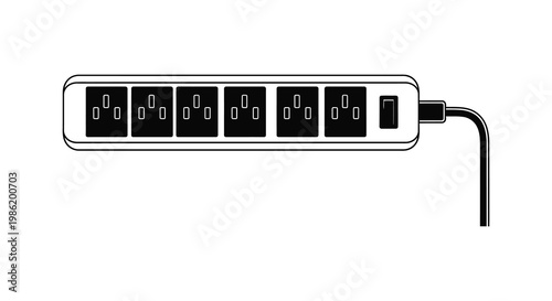 A black power strip with multiple outlets is shown against a white background appearing as a clean silhouette high quality professional