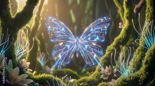 Glowing digital butterfly with holographic wings in enchanted forest merging nature and technology concept with futuristic bioluminescent aesthetic.