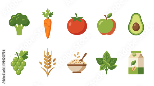 Fresh food icon pack features various healthy eating elements on white background.