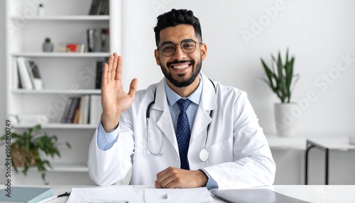 Smiling doctor in lab coat at desk waves in office setting, greeting the viewer on a video call