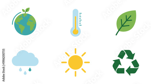 Earth icon pack shows eco-friendly symbols like globe, leaf, and recycling sign on white background.