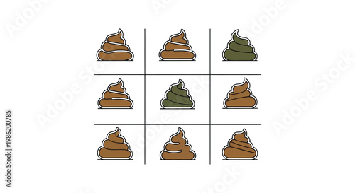 Nine piles of excrement arranged in a grid pattern showcasing varying shades and forms silhouette high quality professional detailed modern elegant