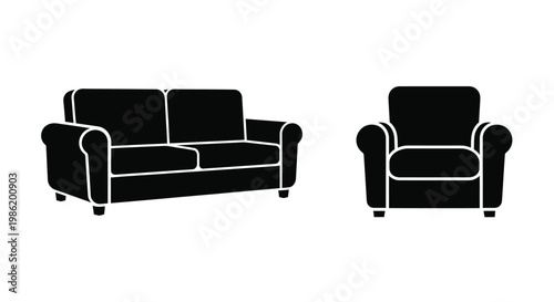 A black silhouette of a sofa and armchair in a living room silhouette