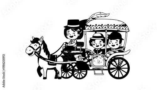 Cute tourist carriage with horse and passengers cartoon flat vector illustration playful travel concept isolated on white