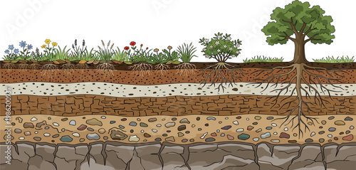 Cross-section illustration of soil layers showing plant roots, vegetation, and tree growth in different strata