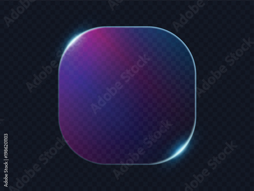 Futuristic frosted glass square frame with glowing blue neon borders for mobile app design. Vector illustration