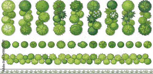 Top-down collection of various green trees and bushes, ideal for landscape design and architectural visualization
